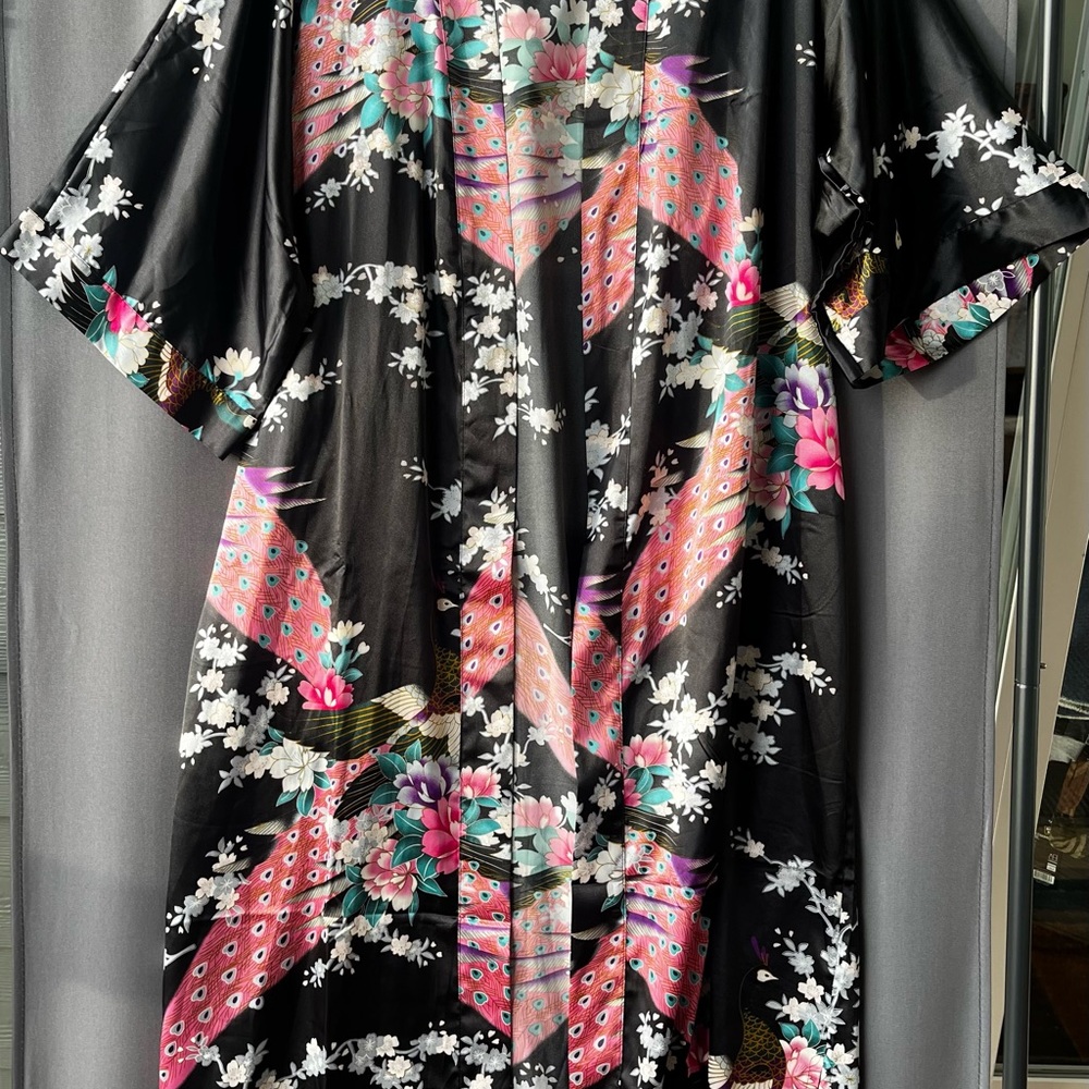 Babeyond Black Satin Kimono Robe Peacock Floral Design. 54” long - Picture 3 of 10